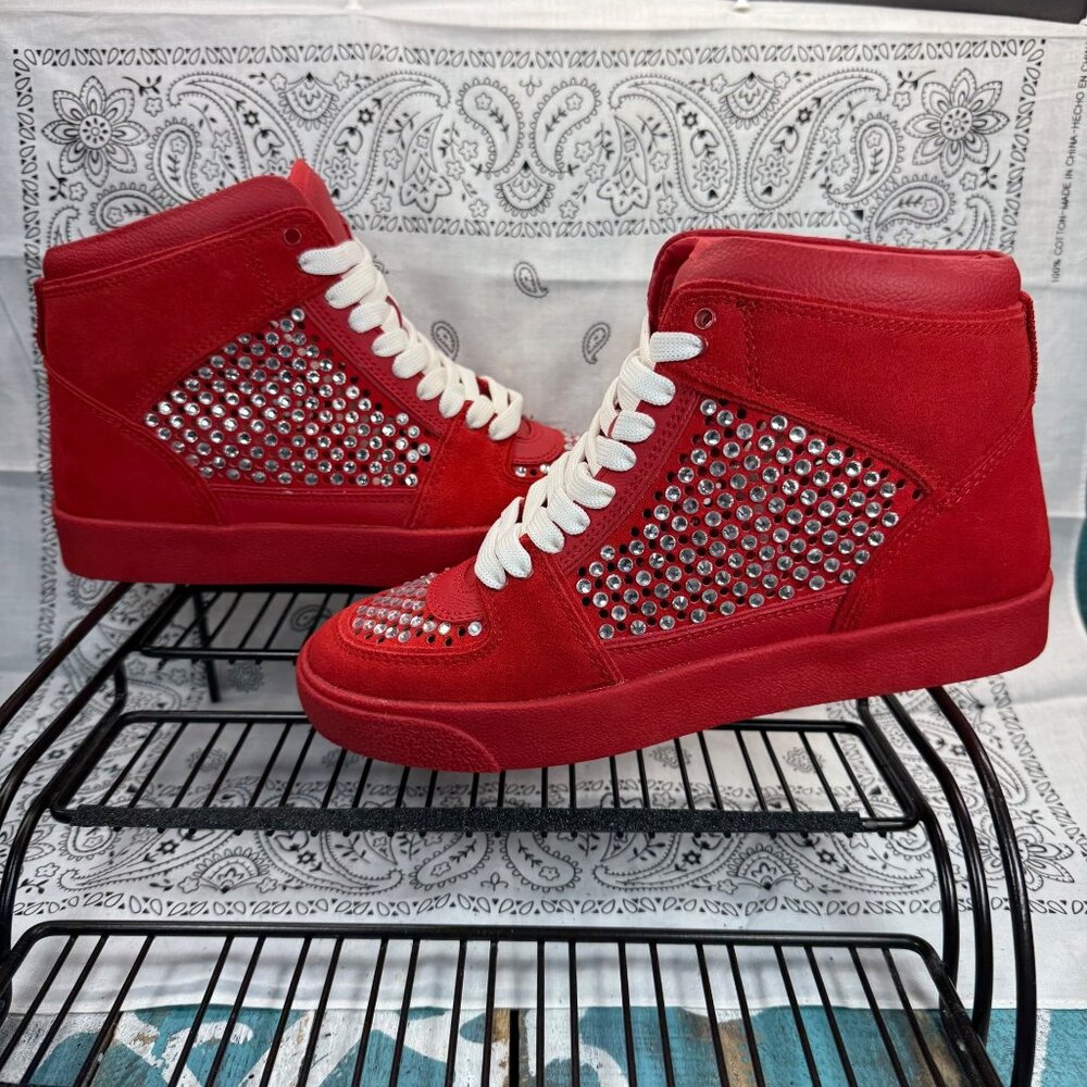 NEW Gianni Bini Evie Red Perforated Rhinestone High Top Sneakers Womans Sz 7.5M